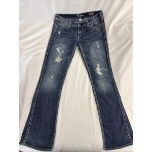 Silver Jeans Frances 18" BootCut Womens 30x33 Medium Wash Stretch Distressed
